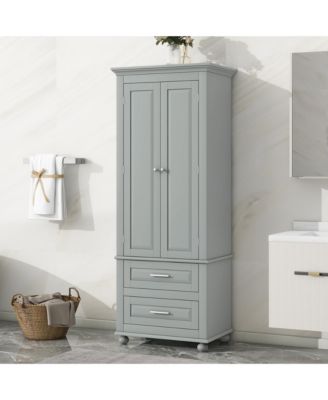 Tall Storage Cabinet with Two Drawers Grey Freestanding Organizer for Bathroom Office Living Room or Bedroom