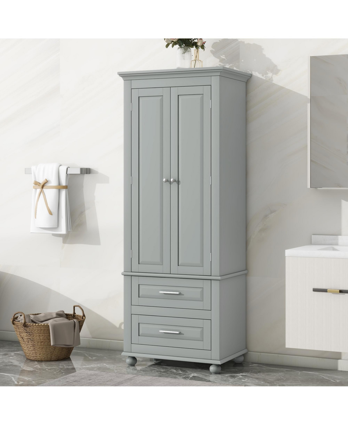 Airsurfer Tall Storage Cabinet with Two Drawers Grey Freestanding Organizer for Bathroom Office Living Room or Bedroom