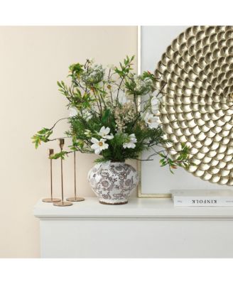 Brown Floral Wide-Mouth Waterproof Ceramic Vase, 8.66" Round Indoor Home Decor