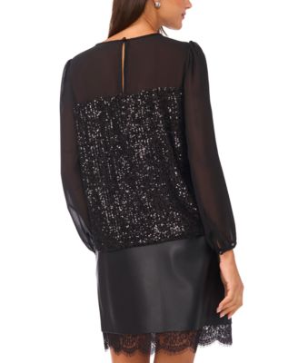 Women's Sequin Crewneck Blouson Sleeve Top