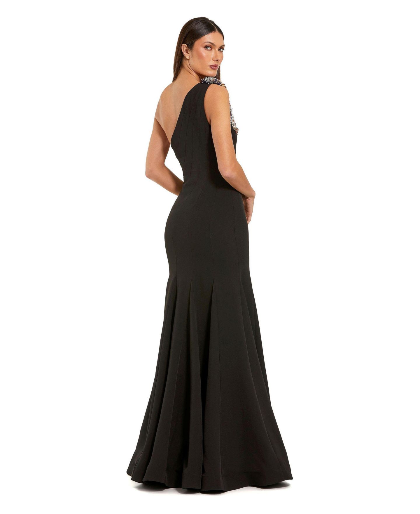 Женские платья Mac Duggal Crepe One Shoulder Mermaid Gown With Beading, цвет: Чёрный разноцветный — фото 2