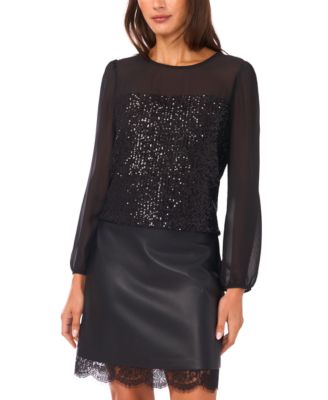 Women's Sequin Crewneck Blouson Sleeve Top