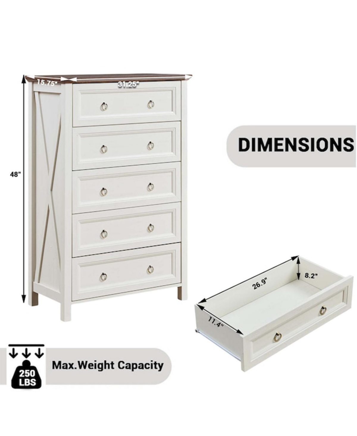 Airsurfer 5 Drawers Dresser Chest for Bedroom Wood Rustic Tall Chest of Drawers Organizer for Bedroom Living Room and Hallway