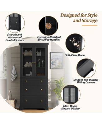70.1" Modern Tall Freestanding Bathroom Cabinet with 3 Drawers, 2 Adjustable Shelves, Soft-Close Glass Doors, Storage Cabinet for Bathroom