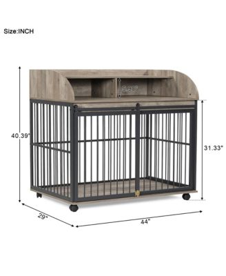 44 Inch Heavy Duty Large Dog Crate Furniture Wooden Dog Kennel with Lockable Wheels End Table Crate Double Layer Storage Gray