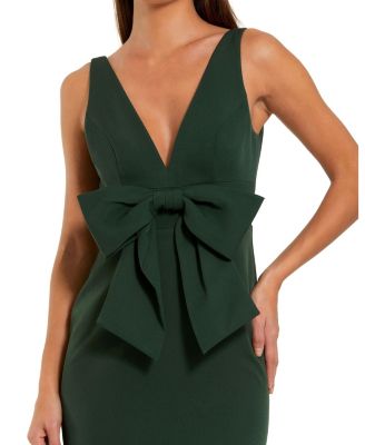 Women's Crepe Sleeveless V Neck Column Dress With Bow
