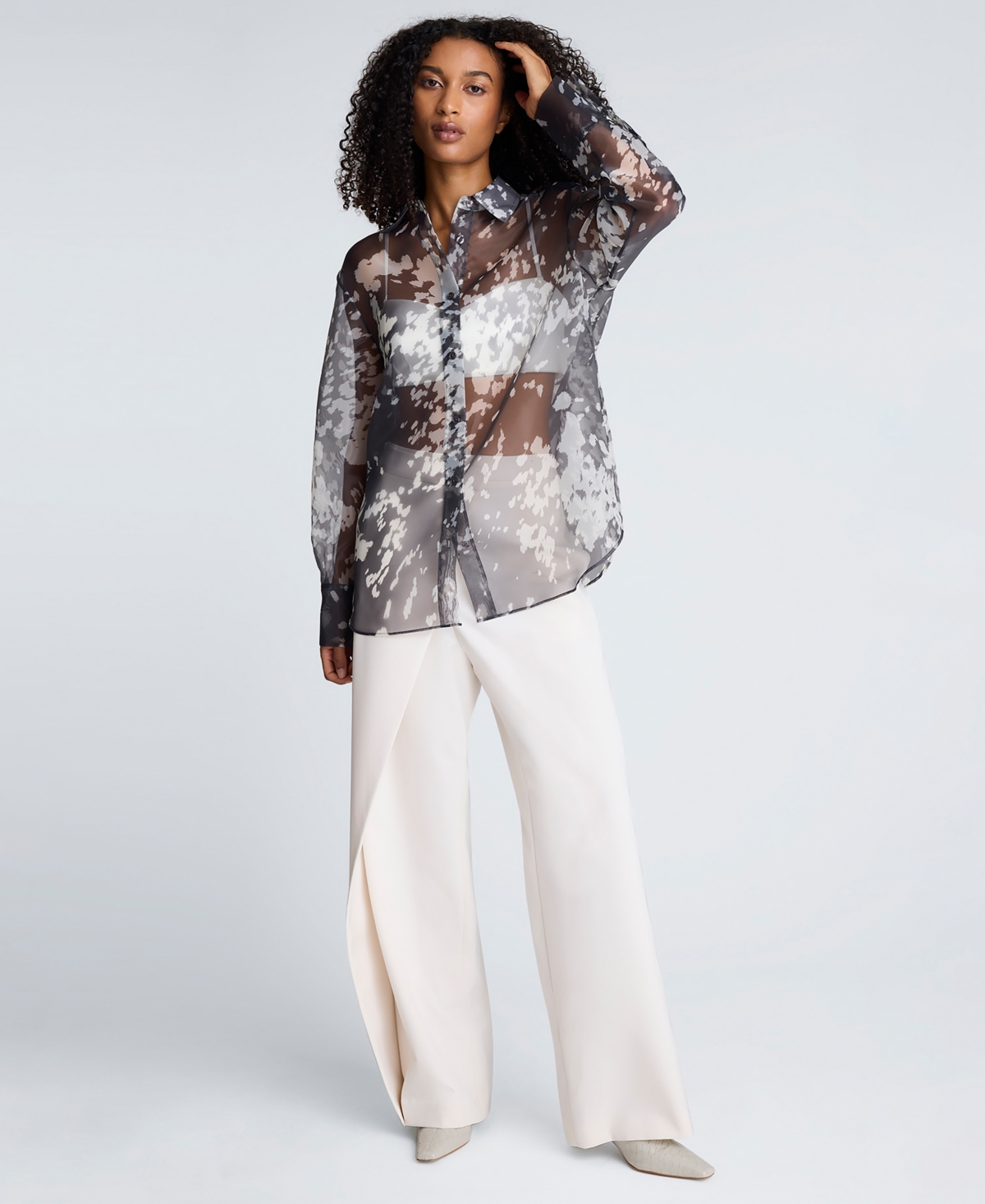 Kenneth Cole Women's Printed Oversized Button-Front Long-Sleeve Shirt