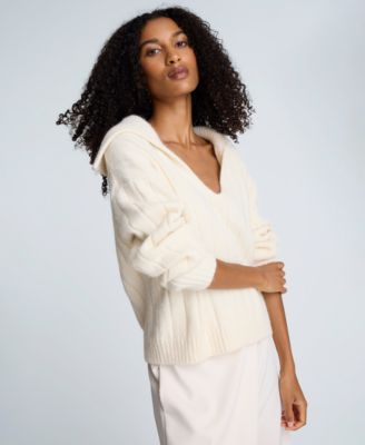 Women's V-Neck Wide Rib Polo Sweater