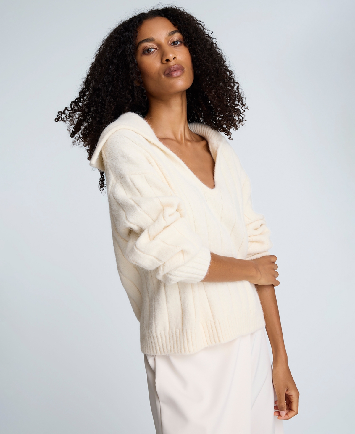 Kenneth Cole Women's V-Neck Wide Rib Polo Sweater