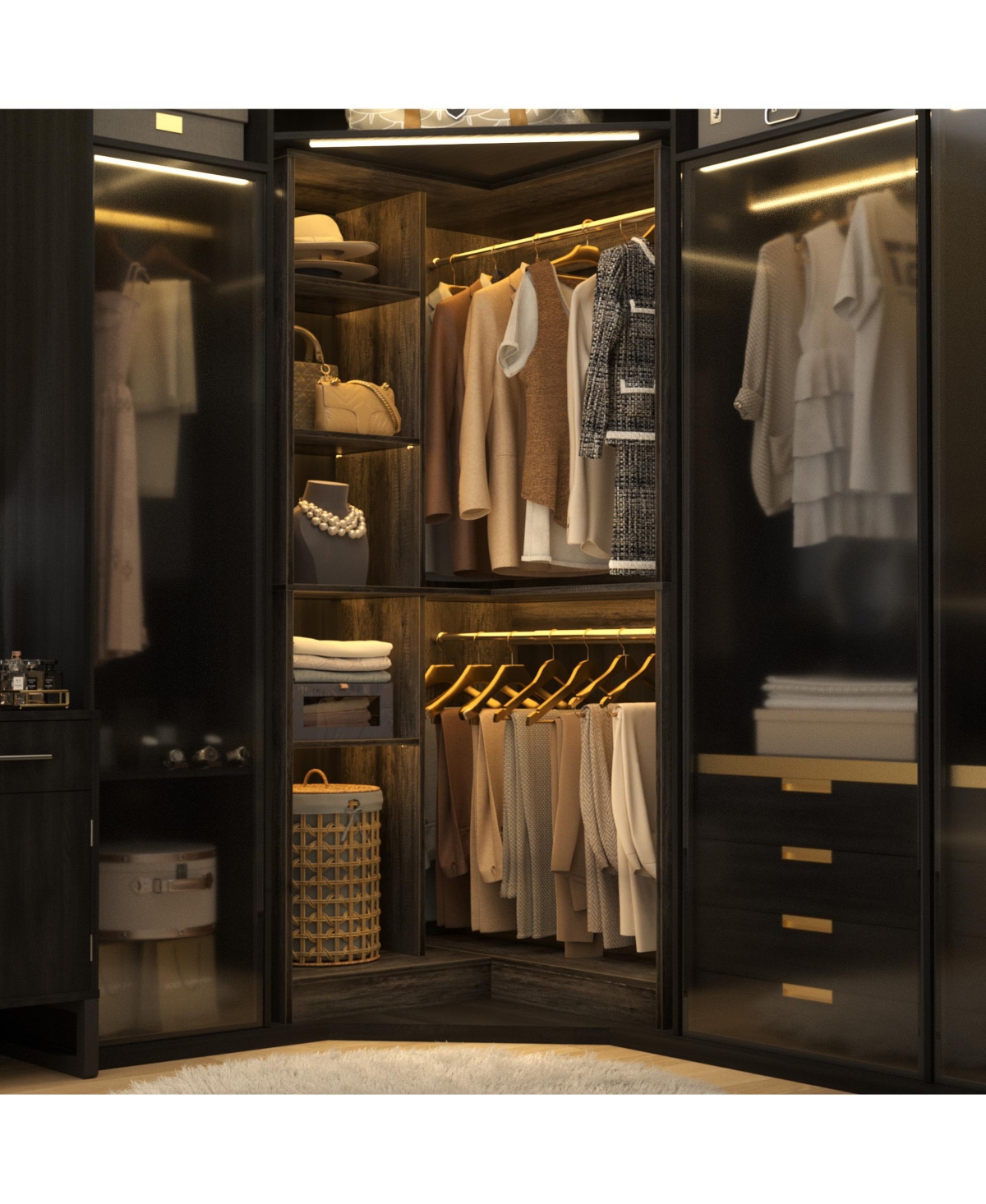 Aheaplus Freestanding Corner Closet System, 36'' Organizer System with 8 Shelves & 2 Hanging Rods for Closet/Bedroom