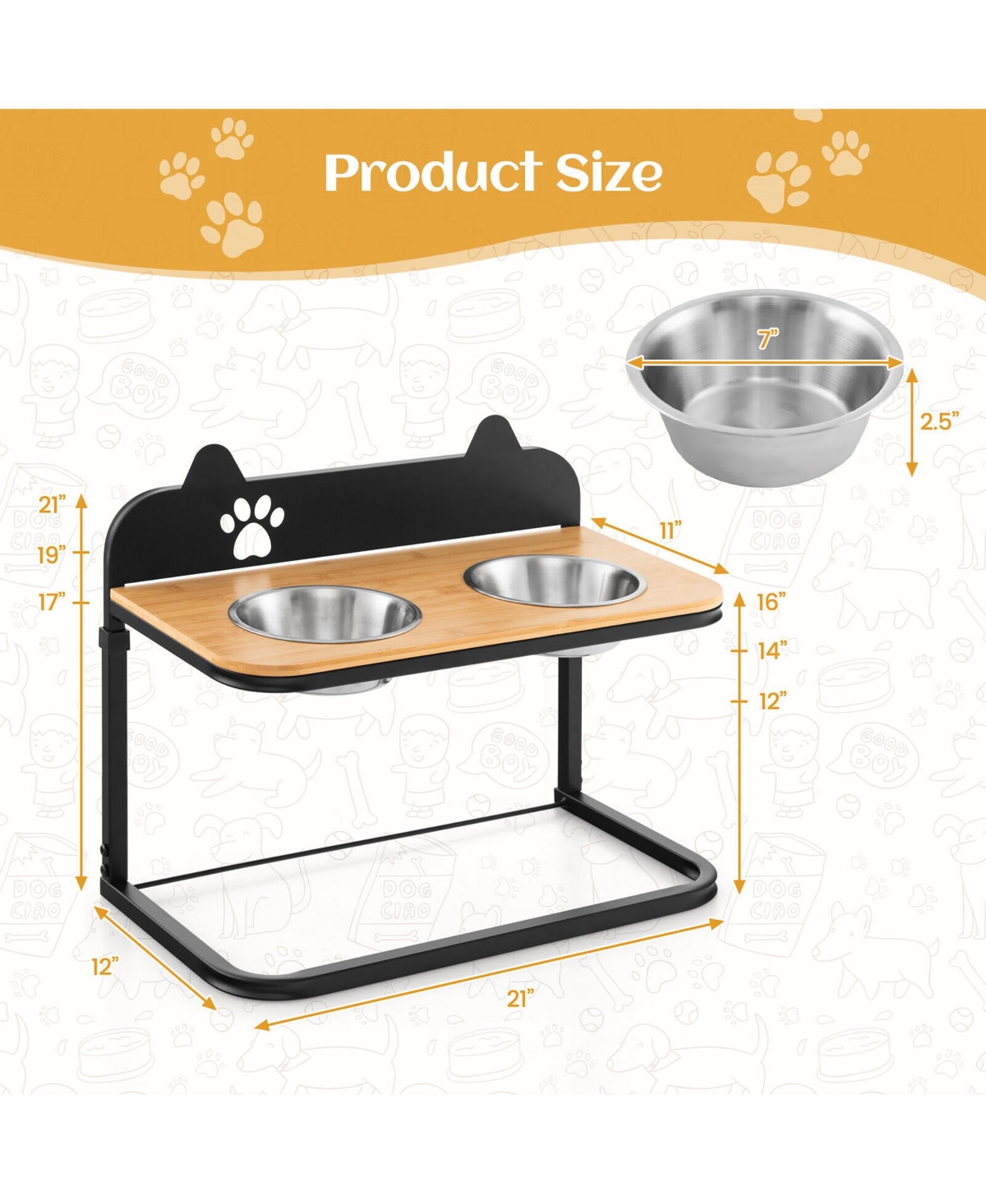 Gymax Elevated Dog Bowls 3 Adjustable Heights with 2 Stainless Steel Food Water Bowls