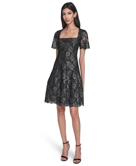 Petite Square Neck Lace Fit and Flare Dress - Black/Silver