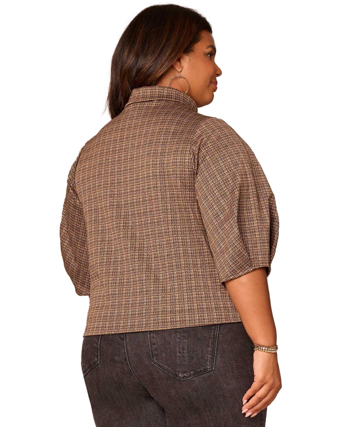 Женский топ Democracy Plus Size Pleated Elbow Sleeve Mock Neck Crop, цвет: Коричневый разноцветный — фото 3