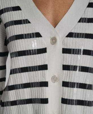 Women's Striped Sequin & Stripe V-NECK BOXY Cropped Long-Sleeve Cardigan Sweater