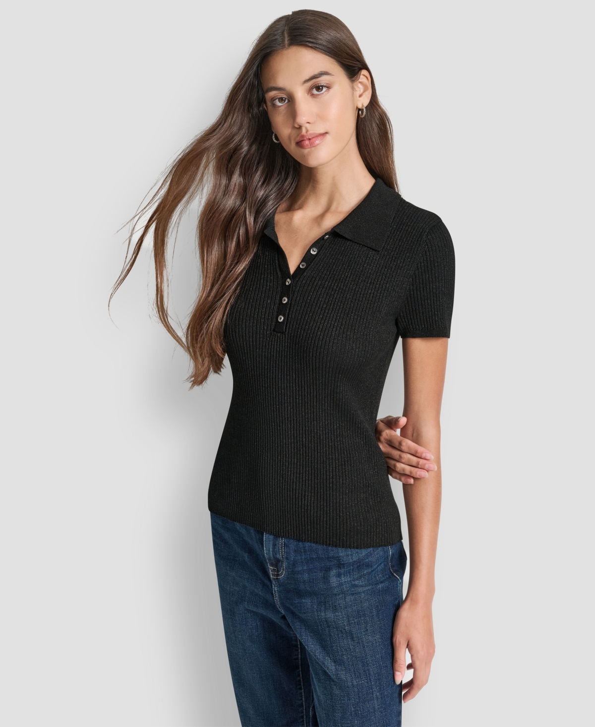 Dkny Jeans Women's Slim Fit Ribbed Polo Sweater In Black