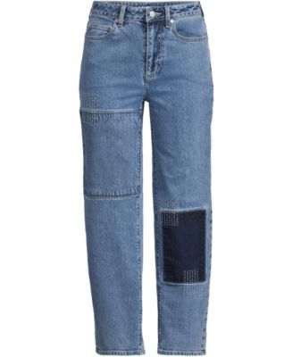 Women's Soft Denim Mid Rise Relaxed Straight Crop Patchwork Jeans