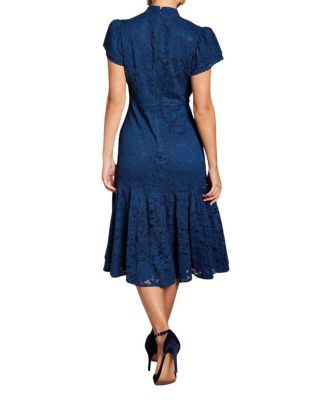 Women's Lace Frill Sleeve High Neck Midi Dress