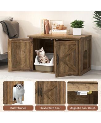 Cat Litter Box Enclosure w/ Double Barn Doors Removable Divider Middle Entry