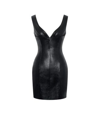 Women's Quilia Black Faux Crocodile Leather Plunge Mini Dress