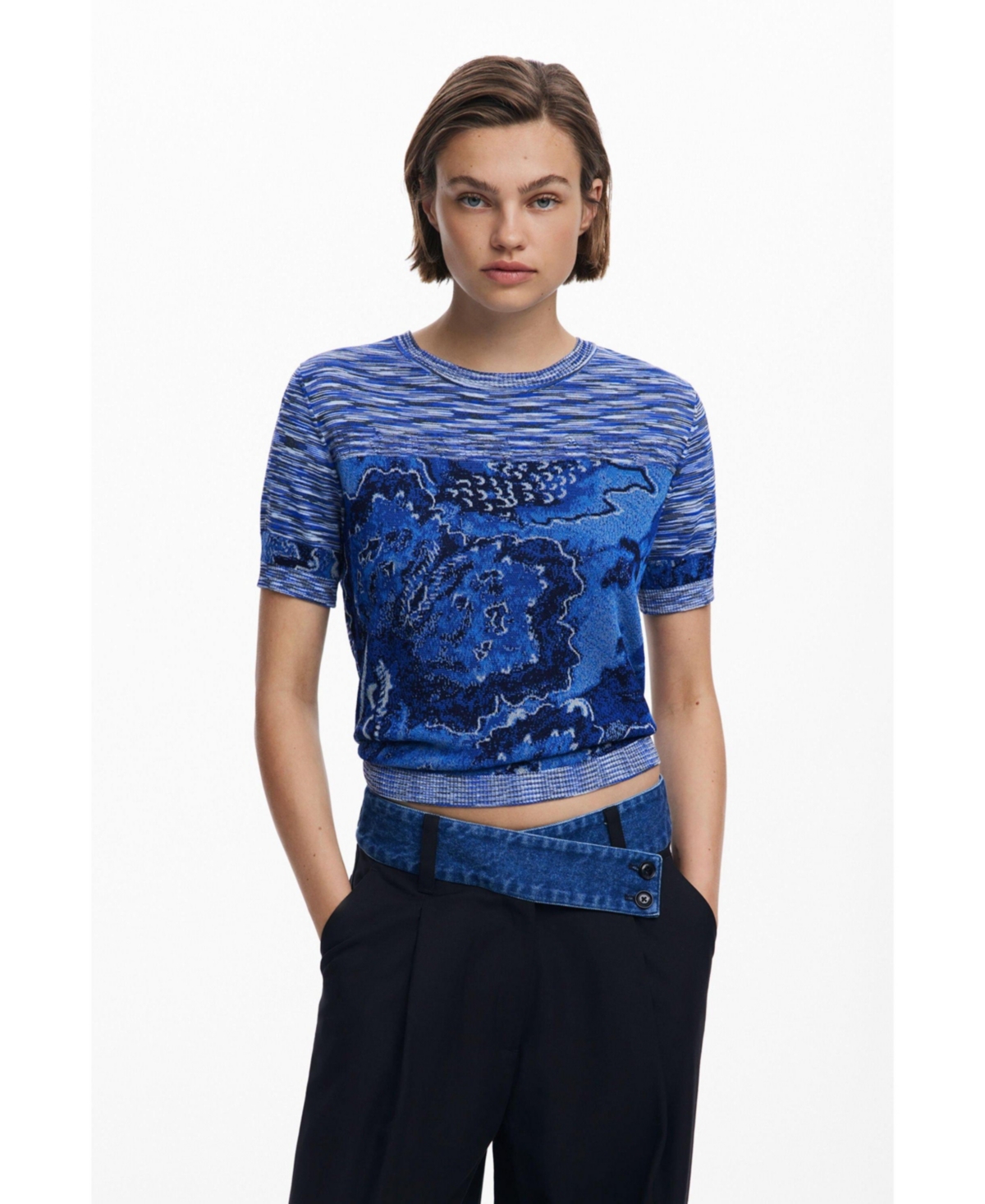 Desigual Women's Marbled Knit T-shirt In Blue