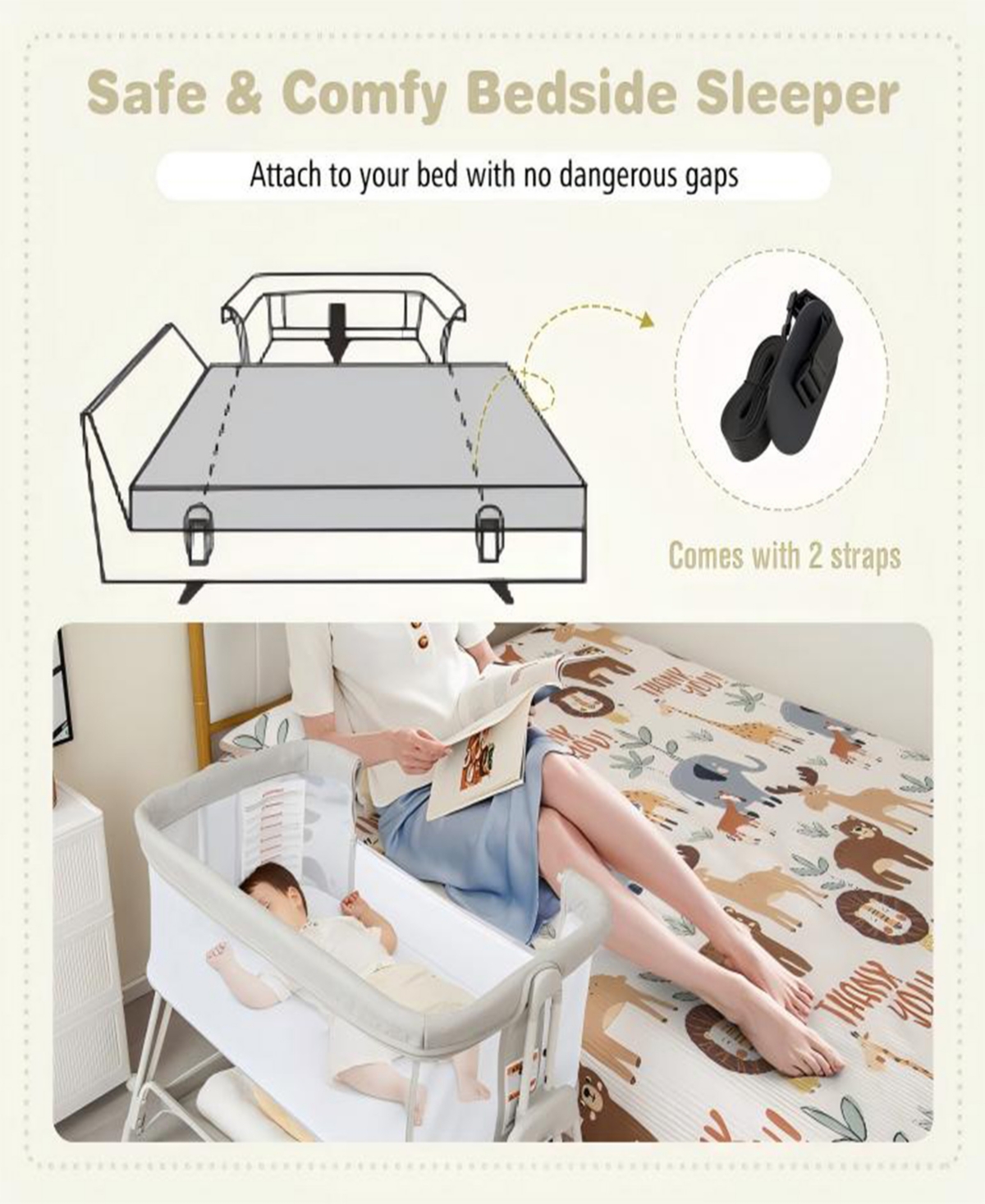 Gouun Portable Bedside Bassinet with 7 Adjustable Heights