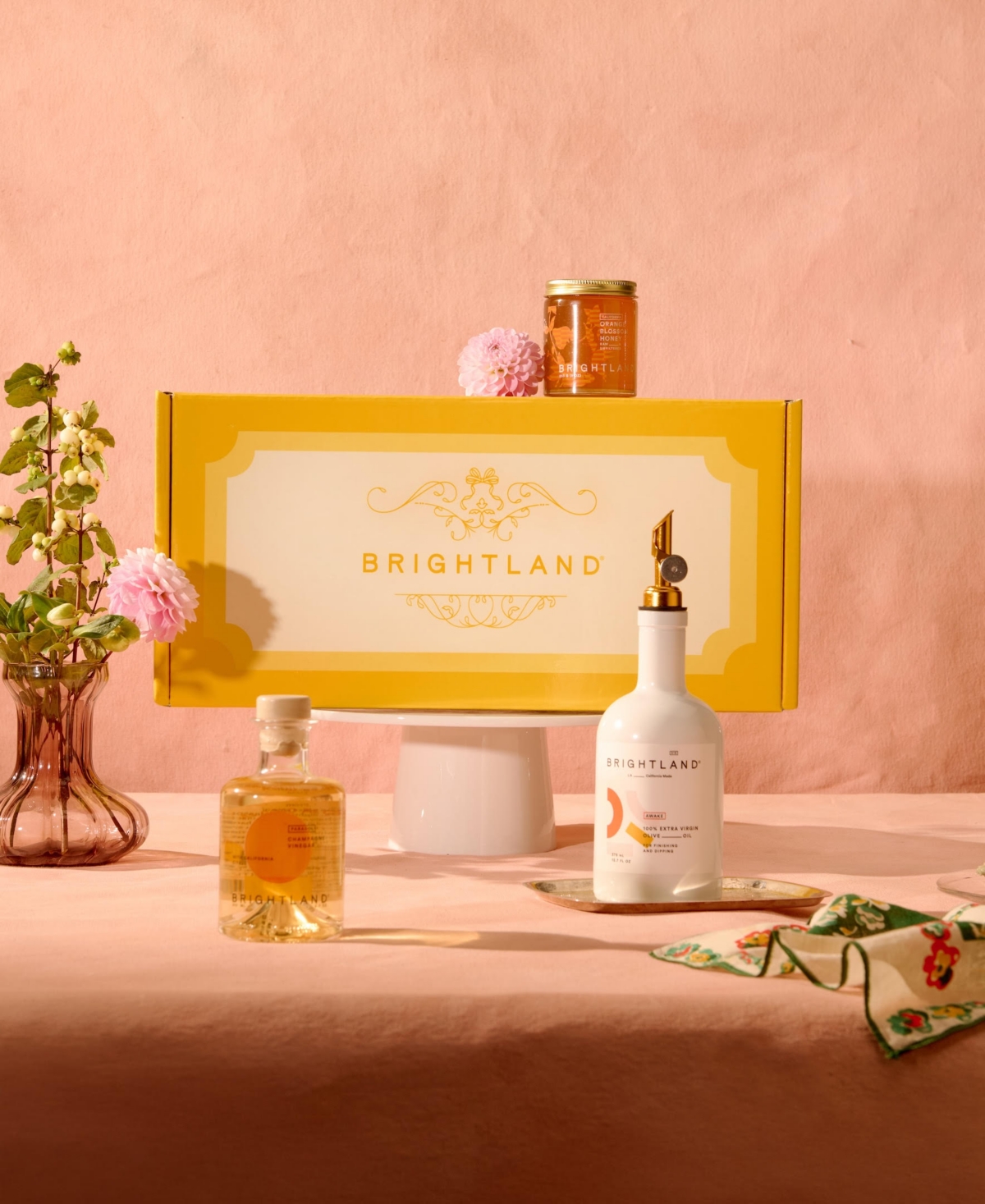 Brightland Extra Virgin Olive Oil, Vinegar, and Orange Blossom Honey 4-Pc. Gift Set