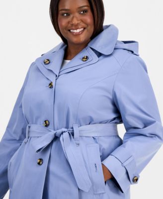 Plus Size Single-Breasted Hooded Belted Trench Coat
