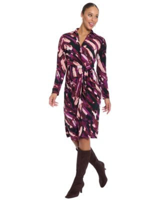 London Times - Women's Side Tie Wrap Long-Sleeve Midi Dress