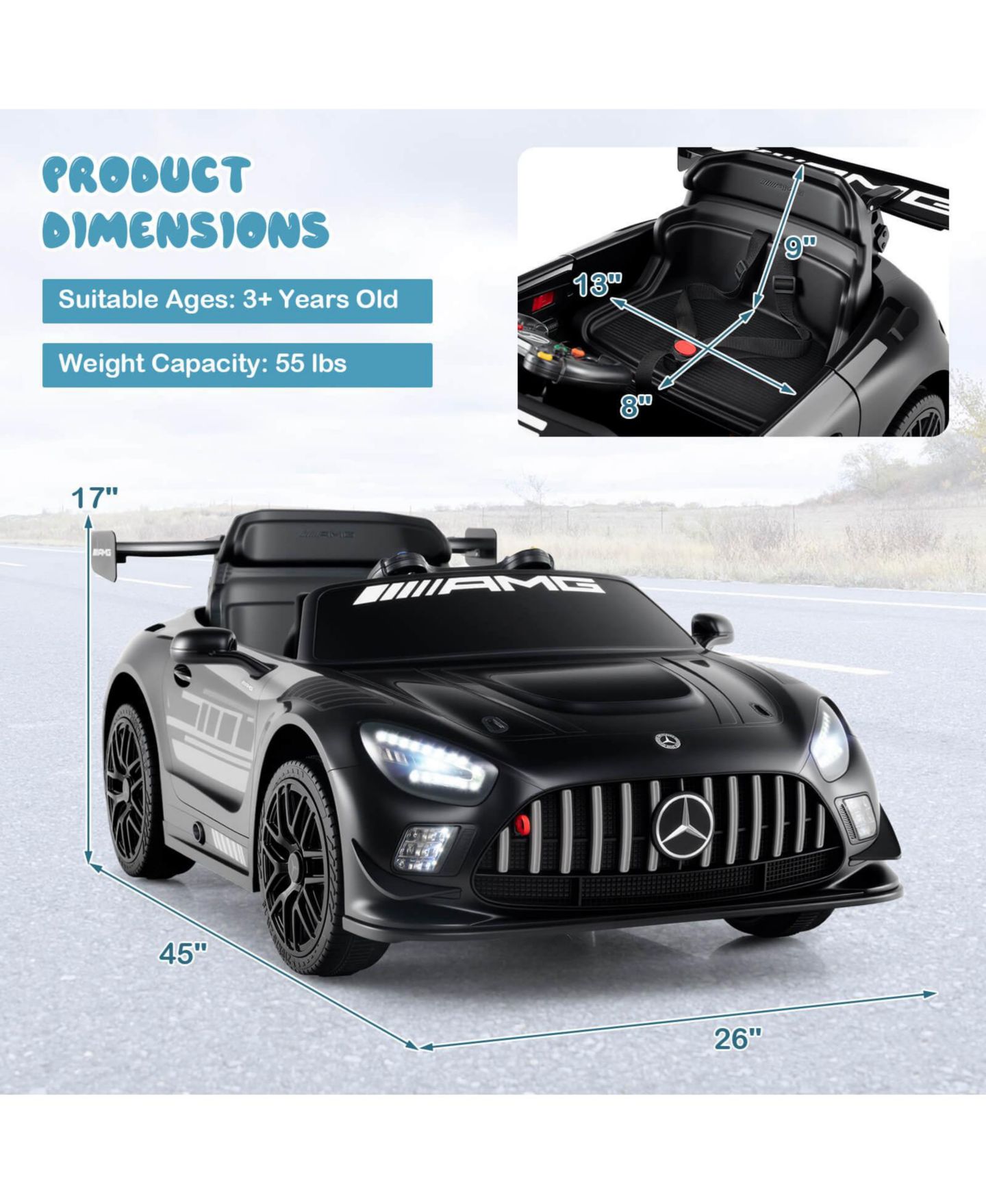 Детская игрушка Costway Mercedes-AMG GT3 Metal Remote-Control Ride-On Car, 2-Seater, Ages 3+, цвет: Чёрный — фото 3