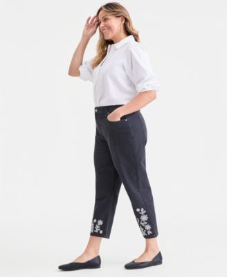 Plus Size Embroidered High-Rise Straight-Leg Cropped Jeans, Macy's Exclusive