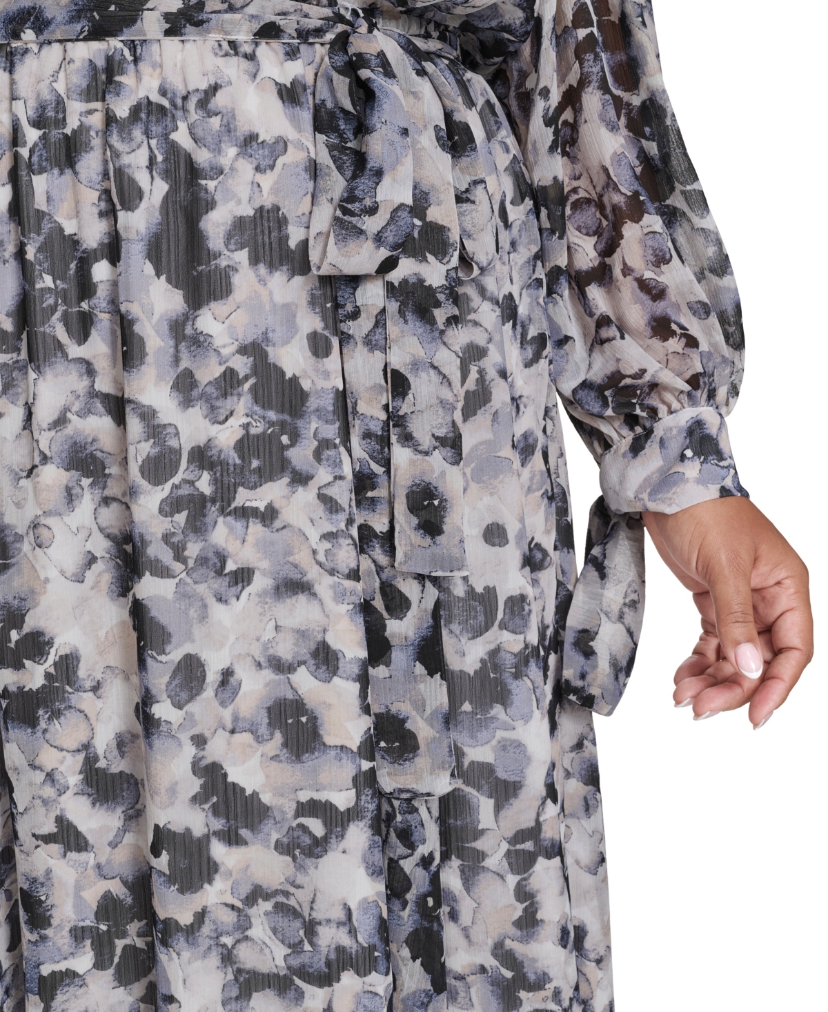 Calvin Klein Plus Size Tie Sleeve Chiffon Pull-on Midi Dress In Gray