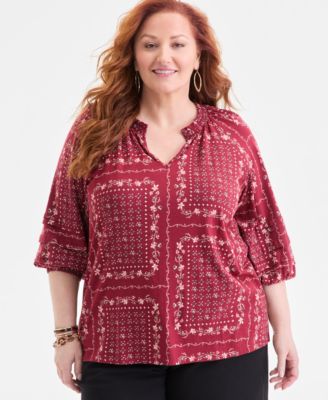 Plus Size Split-Neck 3/4-Sleeve Top, Macy's Exclusive