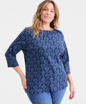 Women's Printed Pima Cotton 3/4 Sleeve Boat-Neck Top