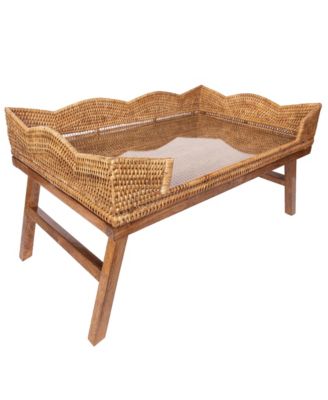 Artifacts Trading Company Rattan Scallop Design Breakfast Tray with Wooden Legs & Glass Insert