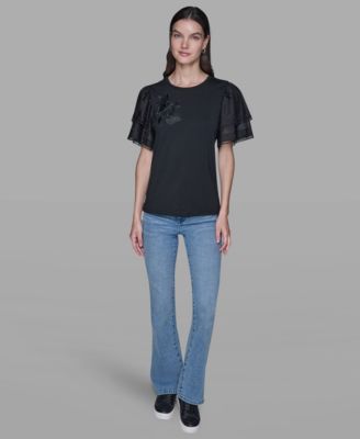 Women's Ruffled Crewneck Floral Top