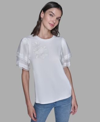 Women's Ruffled Crewneck Floral Top