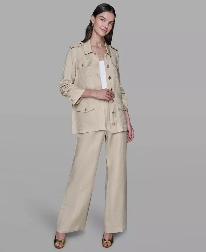 Women's Collared Linen-Blend Belted Jacket - thumbnail 3