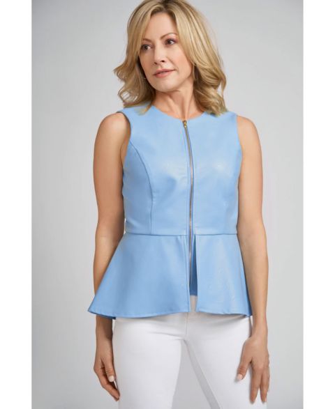 Женский жилет Caldwell Collection Reagan Faux Leather Fitted High Low Peplum with Gold Zippered Front, цвет: Небесно-голубой синий