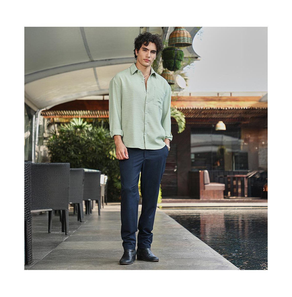 Campus Sutra Men's Sage Green Modular Solid Oversized Shirt