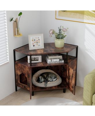 Corner Cat Litter Box Enclosure End Table w/ Open Shelf 2 Entries Double Doors