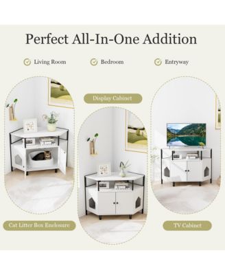 Corner Cat Litter Box Enclosure End Table w/ Open Shelf 2 Entries Double Doors