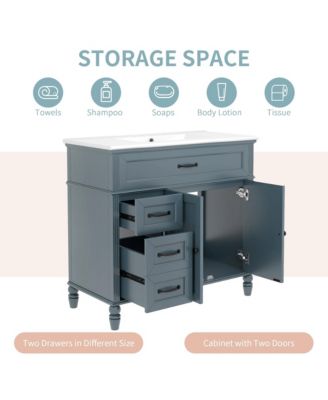36" Bathroom Vanity with Sink, Blue Bathroom Cabinet with Drawers, Solid Frame and MDF Board