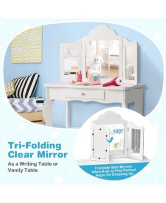1Pc Tri-Folding Mirror, Detachable Top, Drawer & Stool Kids Vanity Set