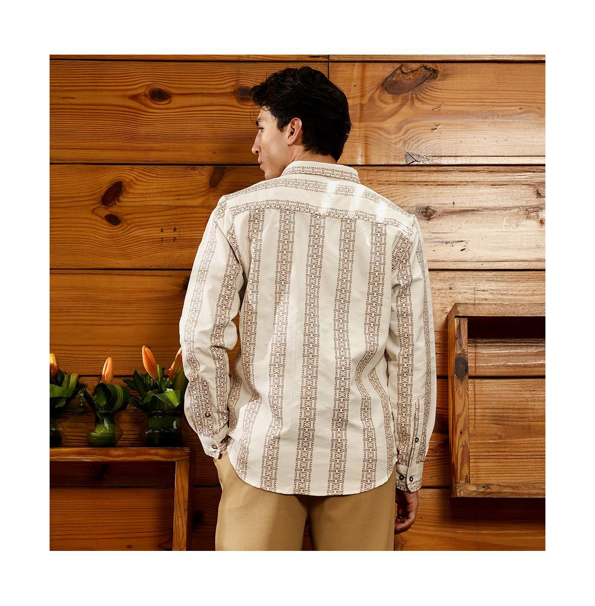 Campus Sutra Men's Ash Brown & Off-White Indie-Stripe Jacquard Shirt