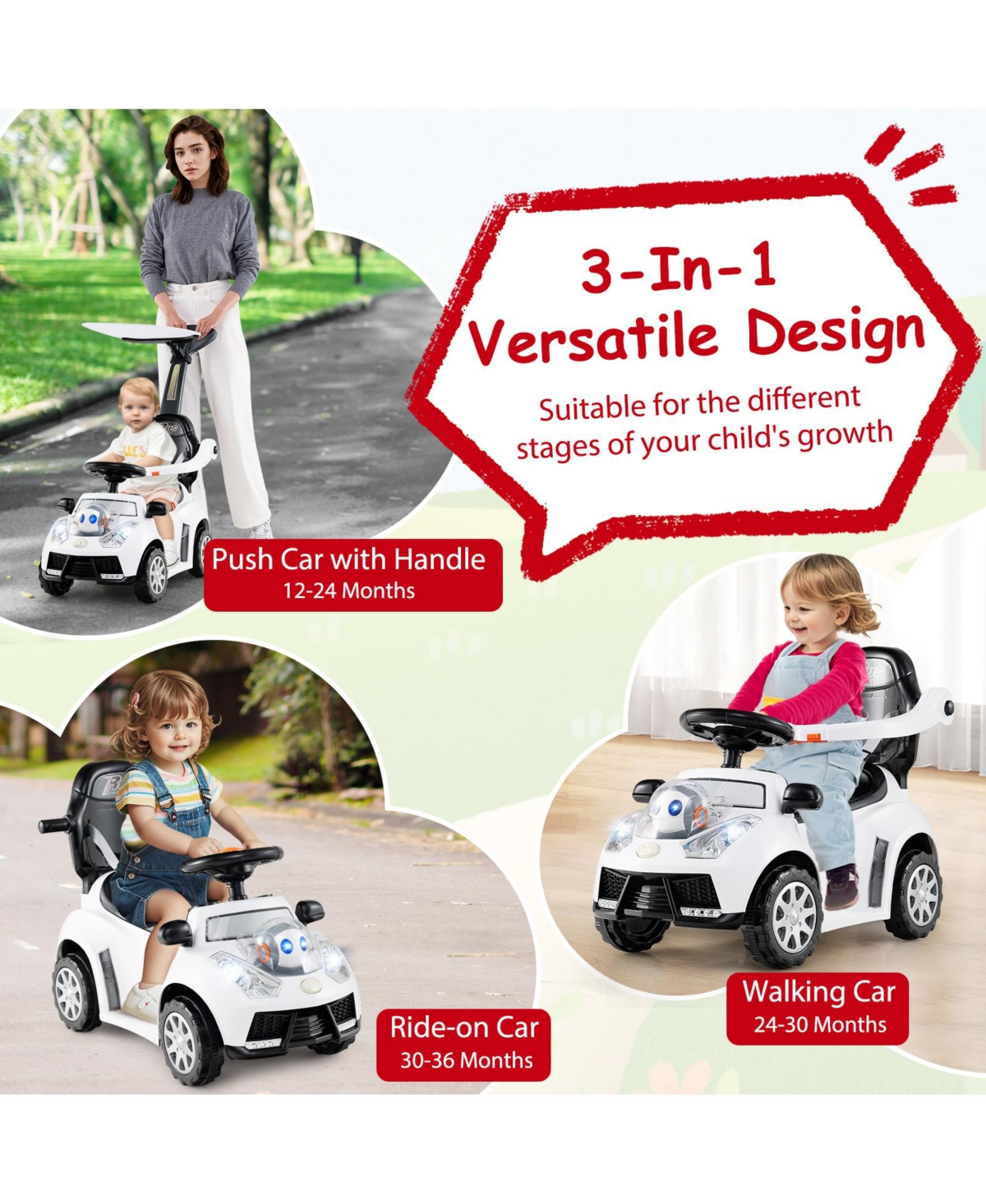 Costway Baby 3-in-1 Sliding Walker w/ Adjustable Canopy Horn Music & Light