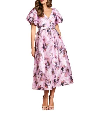 Women's Short Puff Sleeve Belted Midi Dress