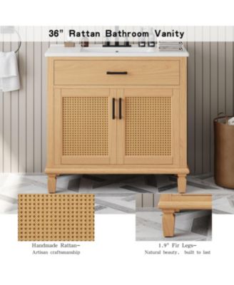 36" Rattan Bathroom Vanity with Ceramic Sink, Soft-Close Doors & Large Storage, Free-Standing Solid Wood Design, Natural