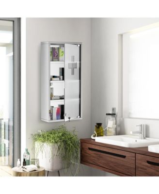 Wall Mounted Medicine Cabinet Locking Storage Cabinet with 4 Tier Shelves Stainless Steel Frame Glass Door