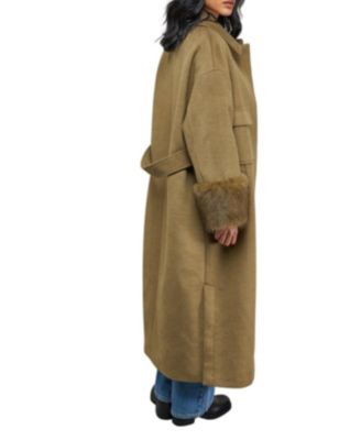 Women's Patch Pocket Faux Fur Cuff Maxi Coat