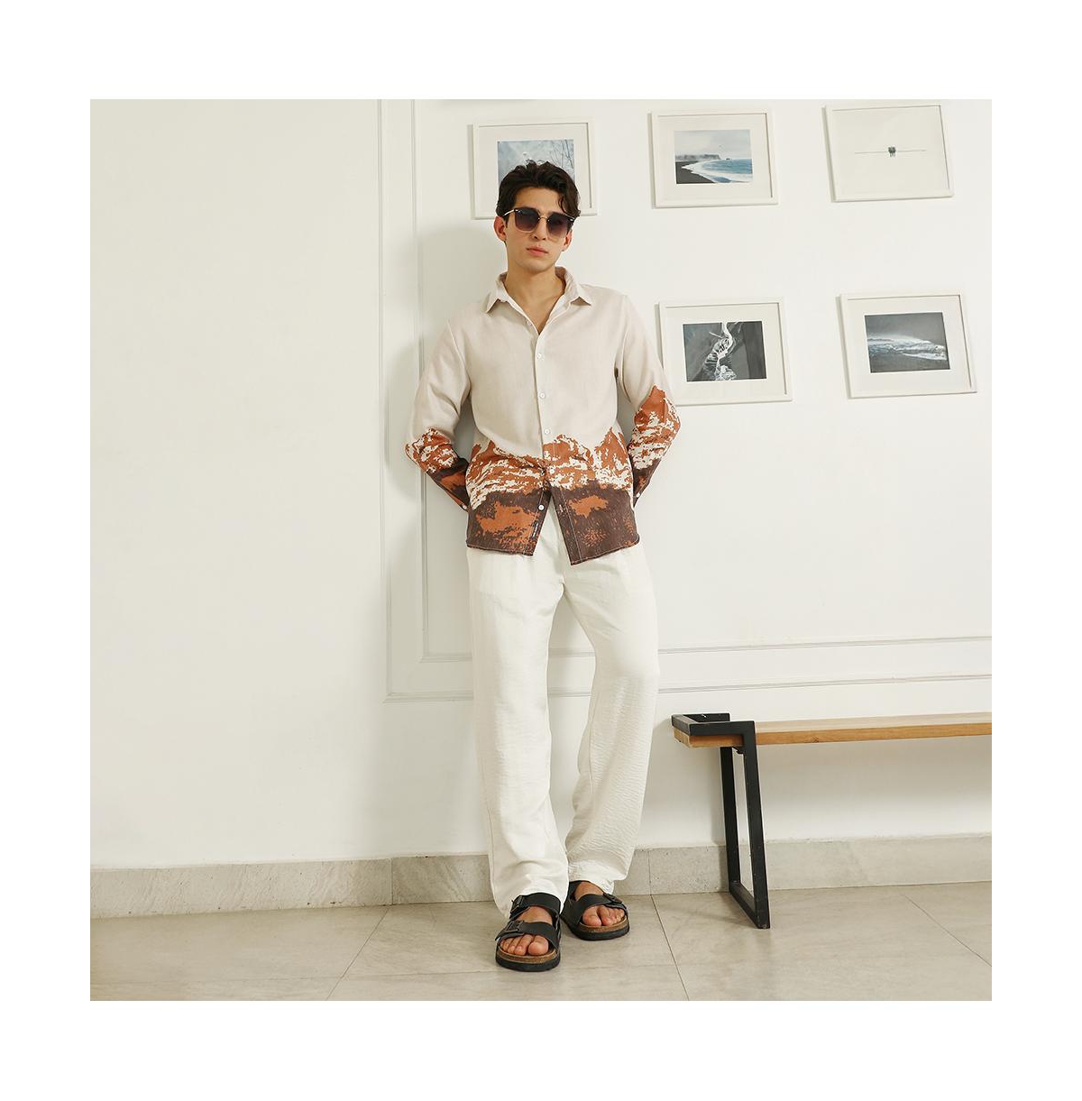 Campus Sutra Men's Beige Rayon Shirt With Abstract Mountain Print